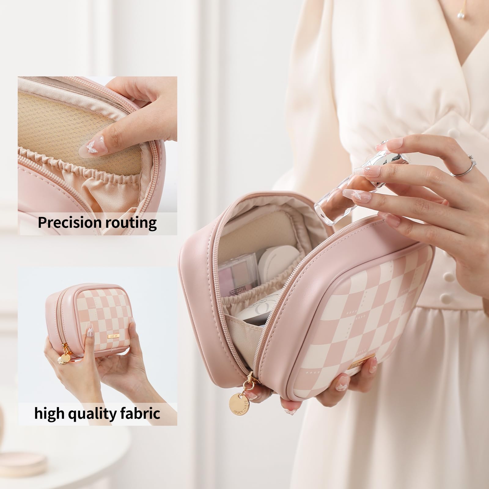 RIGHT AWAY Checkered Makeup Bag for Purse,Small Cosmetic Bag Organizer for Women, Travel Make Up Pouch Waterproof Toiletry Bag Cute Makeup Case for Travel Accessories(Pink Checkerboard)
