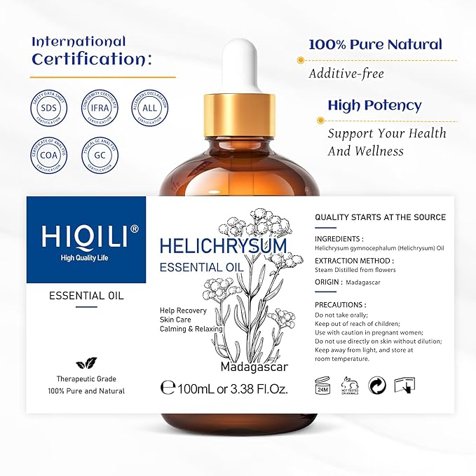 HIQILI Helichrysum Essential Oil for Skin, Massage & Aroma Diffuser