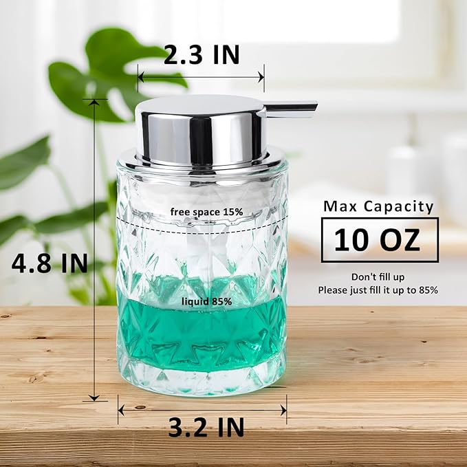 Bathroom Glass Soap Dispenser with Durable Rust-Proof Plastic Liquid Pump Hand Lotion Dispenser Antislip Shampoo Kitchen 10oz 2 Pack