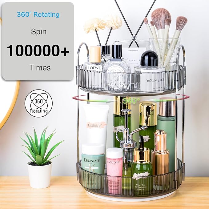 Niluks 360 Rotating Makeup Organizer, 2 Tier Lazy Susan Bathroom Counter Organizer, Skincare Organizers, Spinning Perfume Organizer & Vanity Organizer Countertop (Classic Grey, 2 Tier)