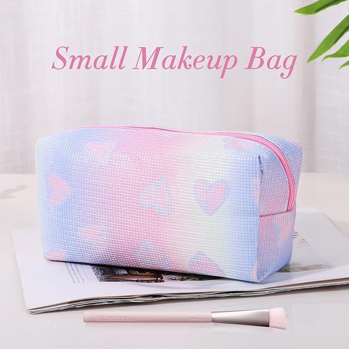 DALINEEYI Makeup Bag, Portable Makeup Brush Pouch, Shiny Cool Heart Pattern Makeup Organizer Case for Women, Small