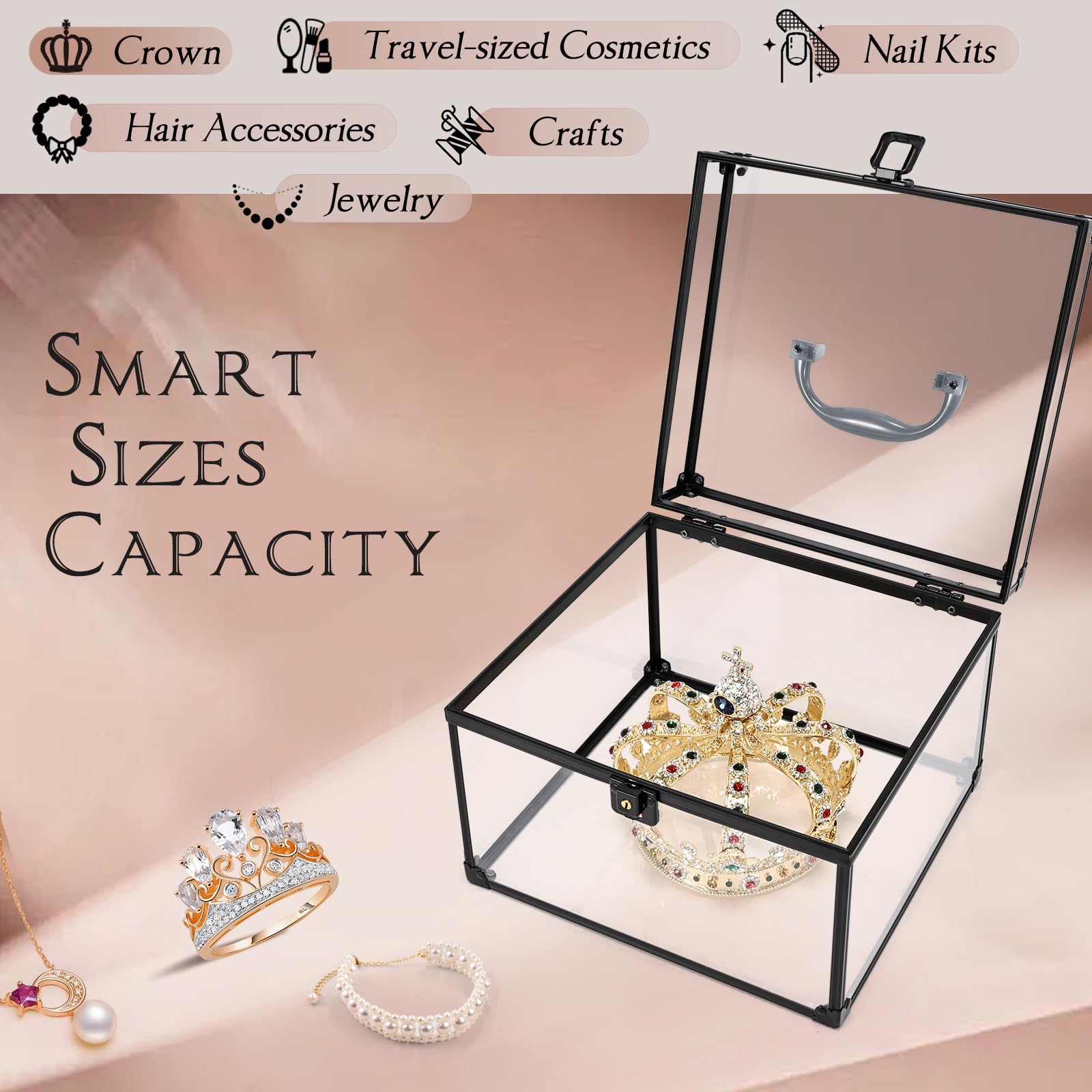 Costravio Makeup Display Clear Clear Makeup Case Portable Transparent Artists Train Case Crown Box Large Capacity Toiletry Organizer Box Travel Makeup Storage for Vanity Bathroom Craft Toys Case