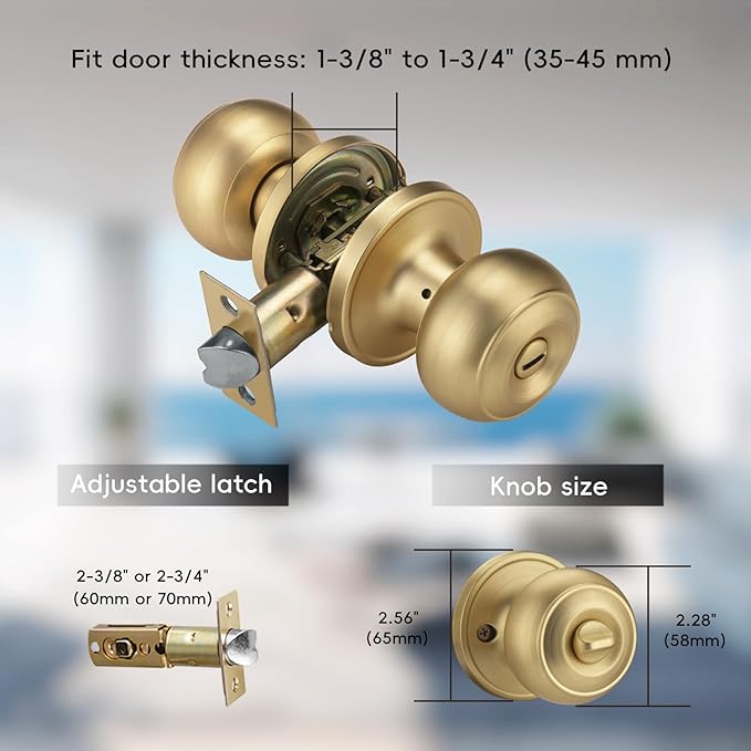 3 Pack Gold Door Knobs for Privacy, Brass Door Knob Interior for Bath & Bedroom with Turn Lock