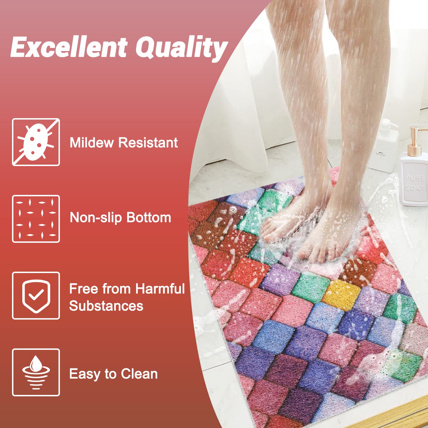 Shower Mat Non-Slip, Soft Comfort Bath Mat with Drainage Holes, PVC Loofah Massage Bathtub Mat for Shower, Tub, Bathroom, Wet Areas, Quick Drying