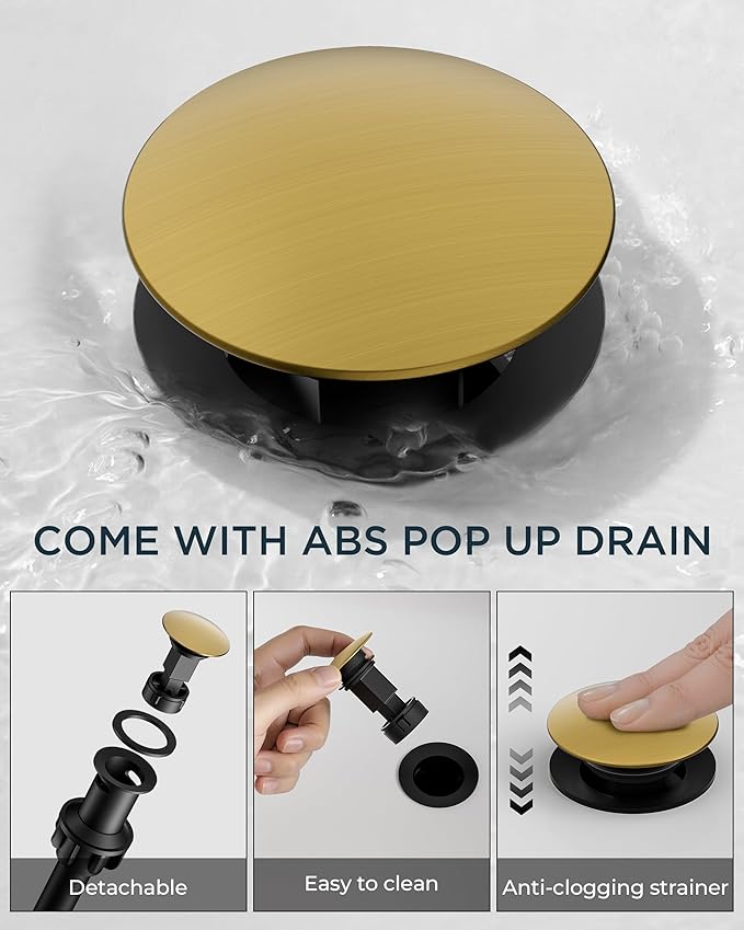 FORIOUS Gold Bathroom facuet 3 Hole, 8 inch Brushed Gold Bathroom Sink Faucet Widespread with 360° Swivel Spout and Spare Water-Saving Aerator and Drain, 3 Piece Vanity Tap for Restroom Upgrade