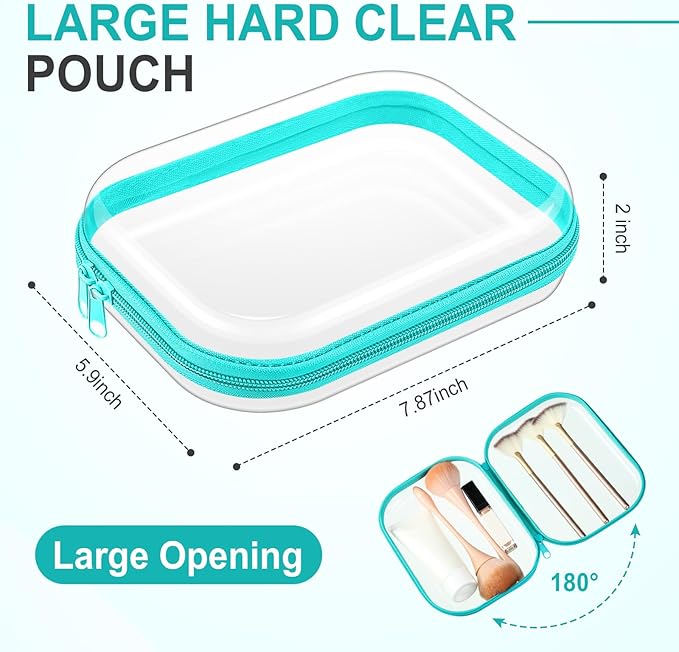 Sanwuta 6 Pcs Clear Hard Zipper Case Plastic Zipper Pouches Transparent Makeup Bag Pencil Case Pouches Toiletry Diaper Bag for Travel Toy Storage Organizer Bins(Teal,7.87 x 5.9 x 2 Inch)