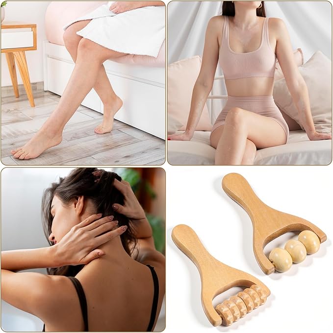 Tweruna 2 PCS Wooden Massage Roller, Wood Bead Massage Tools, Manual Wooden Muscle Foot Roller Massage for Leg Thigh Arm Body Muscle Tissue Pain Relief