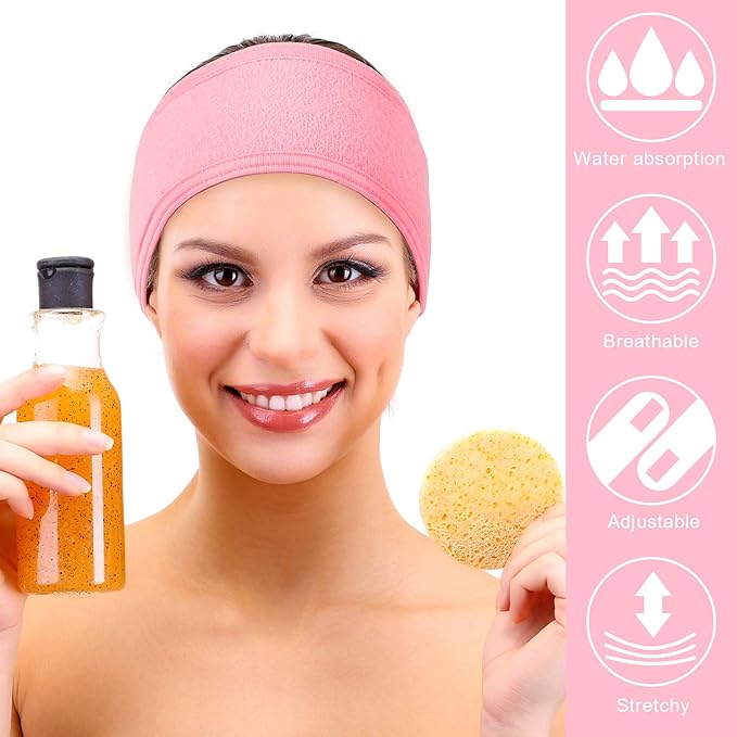 Whaline Spa Headband 4 Pcs Pink Makeup Hair Band Facial Head Wrap Hair Tie