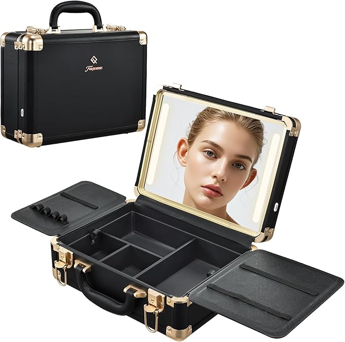 Faquenc Makeup Train Cases with Light Up Mirror 3 Color Setting, Lighted Makeup Case Organizer with Detachable Tray, Travel Makeup Box with Light for Make up Tools Storage (Black Moutain Shadow)