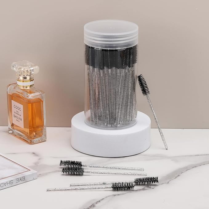 100 Pcs Disposable Mascara Wands, Crystal Eyebrow Spoolies Brush for Eyelash Extensions, Black Lash Brushes with Container