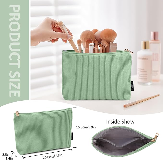 MAGEFY Small Makeup Bag for Purse Corduroy Makeup Bag with Inner Zipper Pockets Travel Cosmetic Bag for Women Preppy Stuff Gifts, Green