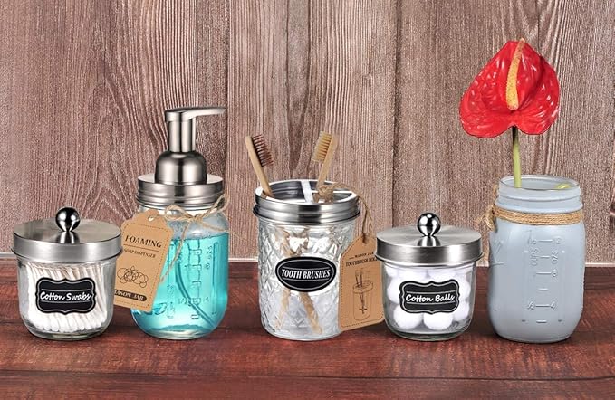 Amolliar Mason Jar Foaming Soap Dispenser Pump Lids, Rustproof Stainless Steel Lid Plastic Pump for Regular Mouth Mason Jar, Kitchen Bathroom Farmhouse Decor, Waterproof Stickers, Brushed Nickel 2Pack