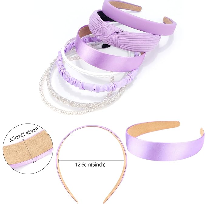 VELSCRUN Headbands for Women 7 Pcs Different Bright Purple Knotted Solid Pearl Head Bands Non Slip Hair Band for Womens Gilrs Thin Thick Short Hair Fashion Accessories