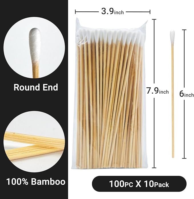 1000 Count 6'' Round-tip Long Cotton Swabs Durable Stem, Lint- Free Gun Cleaning Swabs Pure Cotton Tips for Gun Maintenance, Makeup, Pet Care, Equipmentt