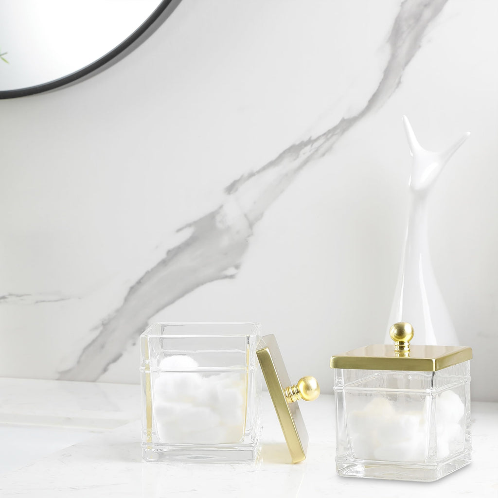 Indecor Home Glass Cotton Jar Holder 2 Pack– Brushed Gold Lid, Elegant Bathroom Storage Canister for Qtips, Cotton Balls, Floss, Makeup Organizer, Vanity & Bathroom Organization