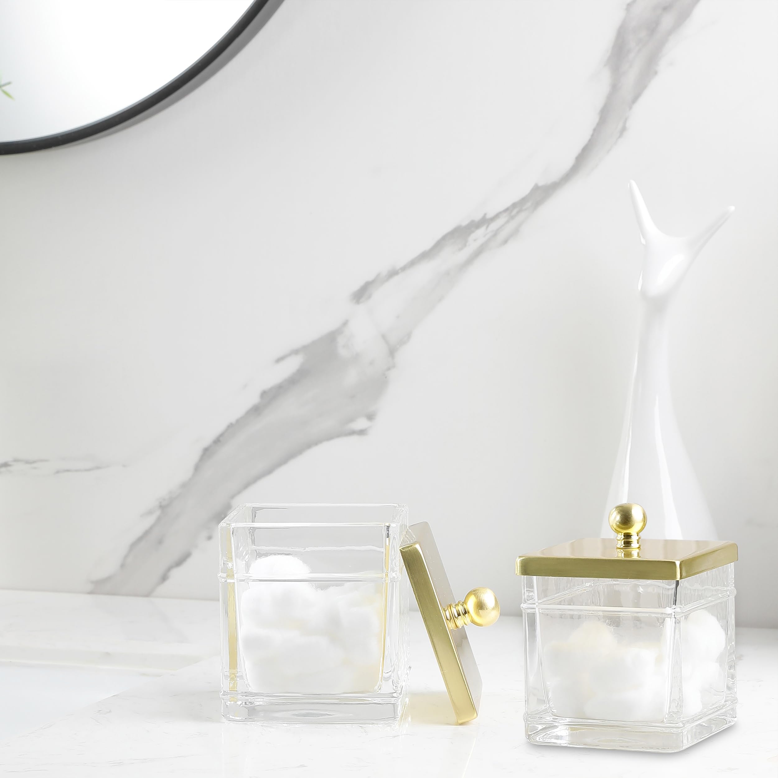 Indecor Home Glass Cotton Jar Holder 2 Pack– Brushed Gold Lid, Elegant Bathroom Storage Canister for Qtips, Cotton Balls, Floss, Makeup Organizer, Vanity & Bathroom Organization