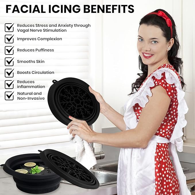 PETIMETI Ice Bowl for Face with Built-in Ice Tray, Foldable Silicone Face Bowl for Ice, Facial Ice Bath Bowl, Skin Tightening & Acne Relief, Portable Ice Face Bowl for Home Travel - Black