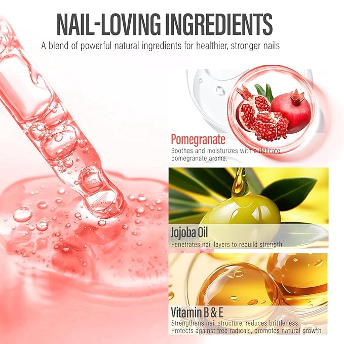 CHUCHU Vegan Cuticle Oil for Nails: Pomegranate Jojoba Nail Cuticle Oil with Vitamin B & E for Moisturizes Cuticle and Nail's Skin - Prevents Hangnails and Chapped 15ML