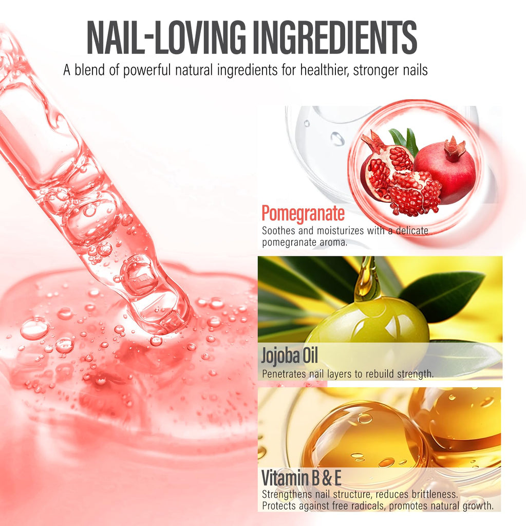 CHUCHU Vegan Cuticle Oil for Nails: Pomegranate Jojoba Nail Cuticle Oil with Vitamin B & E for Moisturizes Cuticle and Nail's Skin - Prevents Hangnails and Chapped 15ML