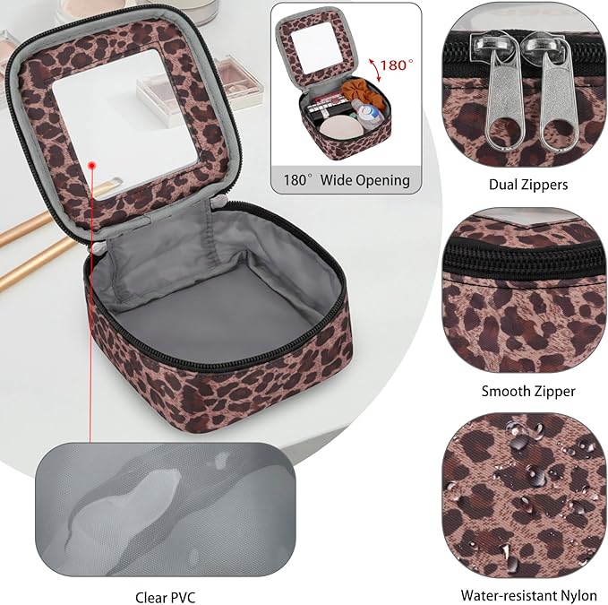 DOB SECHS Mini Leopard Makeup Bag for Purse 5.1'' x 5.1'' Small Makeup Bag for Car Cute Clear Cosmetic Bags with Zipper, Tiny Toiletry Bag Lipstick Organizer Pouch Case Travel Essentials Storage Pouch
