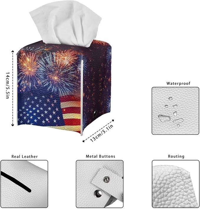 Firework American Flag Tissue Box Holder Square PU Leather Tissue Organizer Case with Metal Button Waterproof Napkin Holder for Home Office Car Automotive Decor