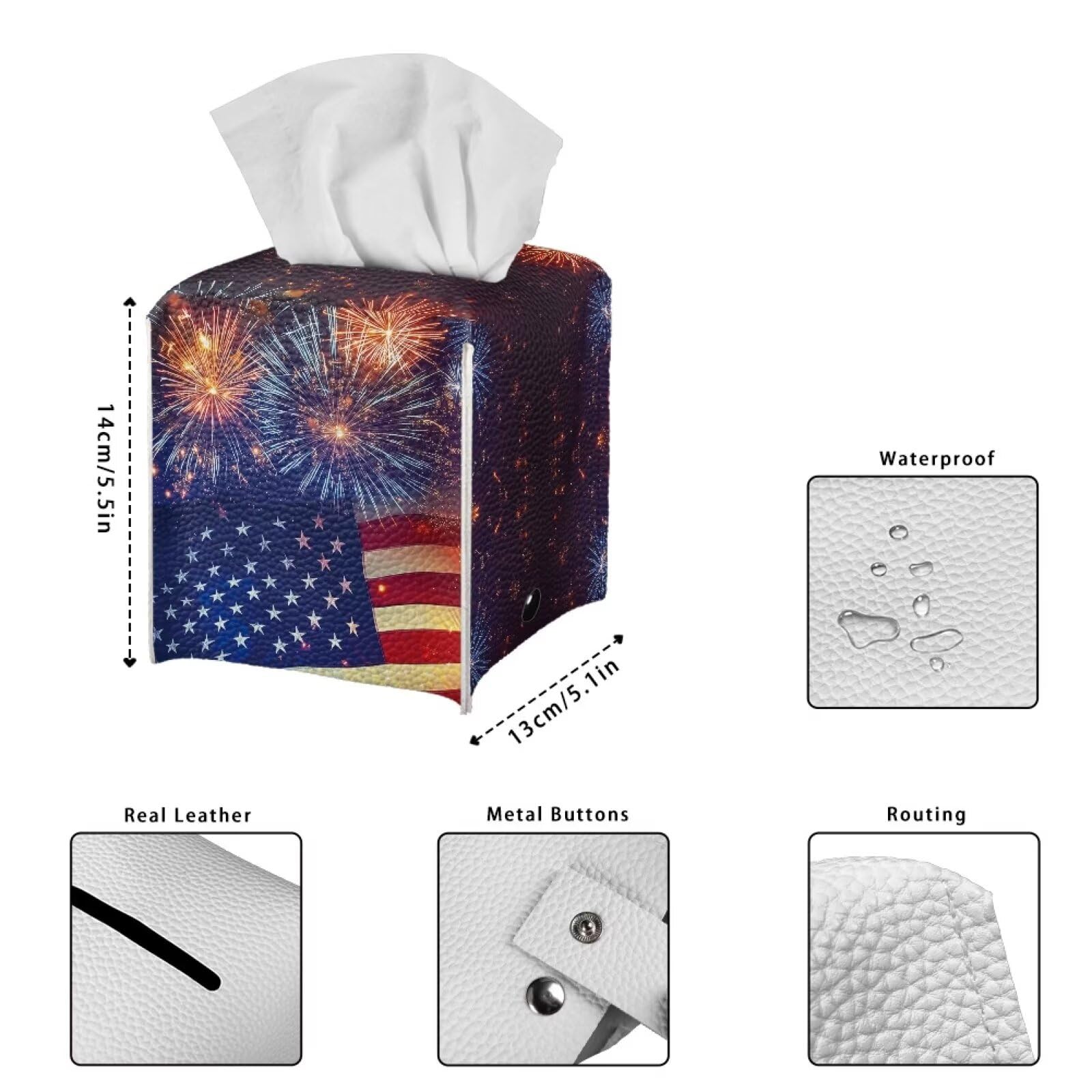 Pzuqiu Firework American Flag Tissue Box Holder Square PU Leather Tissue Organizer Case with Metal Button Waterproof Napkin Holder for Home Office Car Automotive Decor