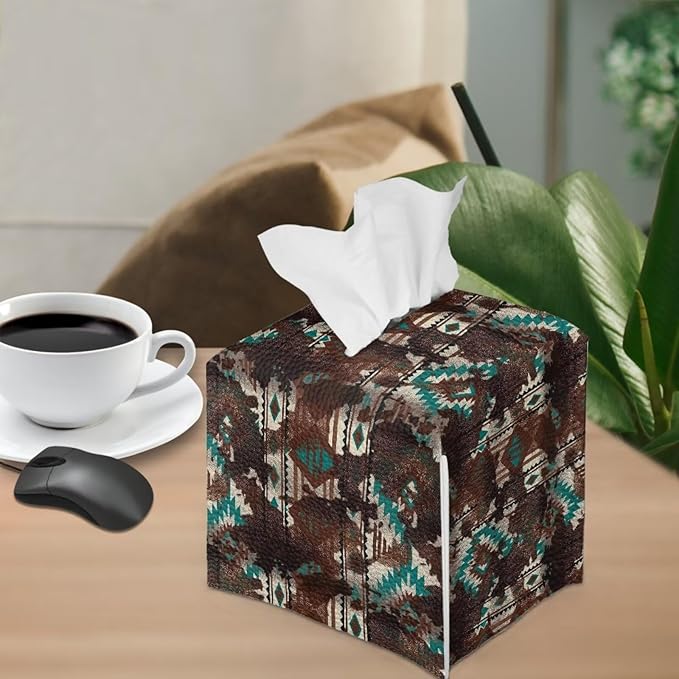 Aztec Cowhide Minimalist Tissue Box Holder, Square PU Leather Napkin Organizer with Secure Metal Button, Waterproof and Stain-Resistant Tissue Cover for Home, Kitchen, and Automotive Use
