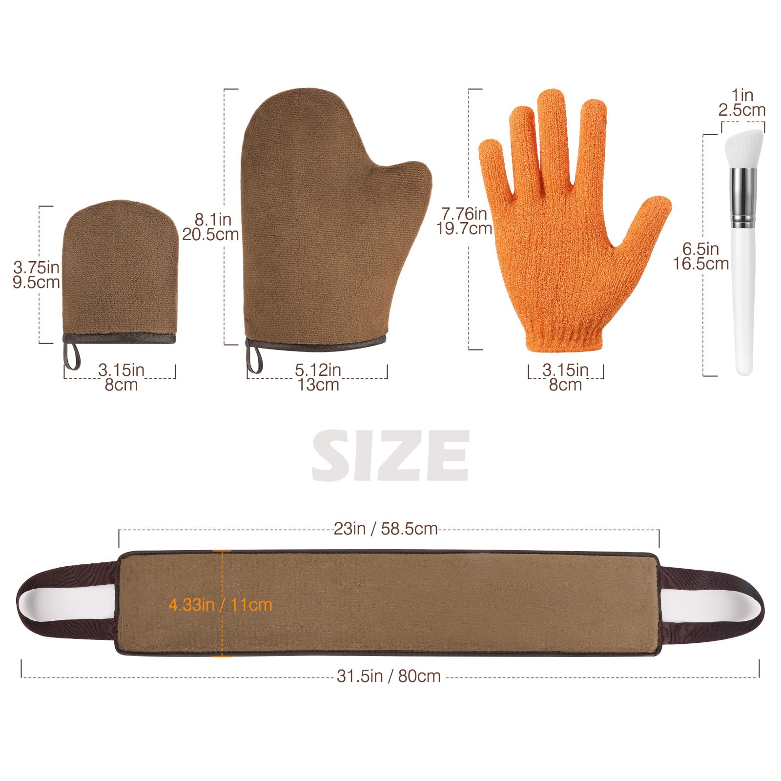Luxspire 5 Piece Self Tanning Mitt Applicator Kit, Soft Tanner Mitt Set with Exfoliating Glove, Back Lotion Applicator, Face Makeup Brush, Mini Finger Face Self Tanner Mitt for Lotions, Mousses,Creams