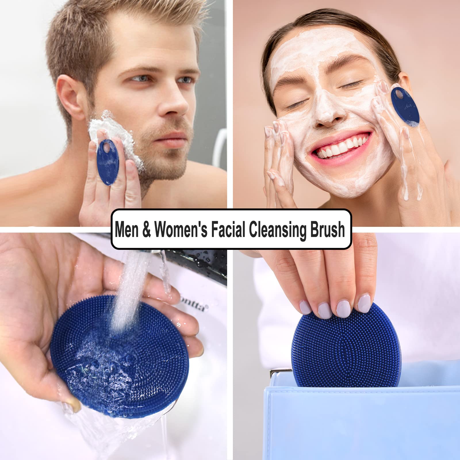 Silicone Face Brush Handheld Facial Cleansing Scrubber, Dark Blue+Gray