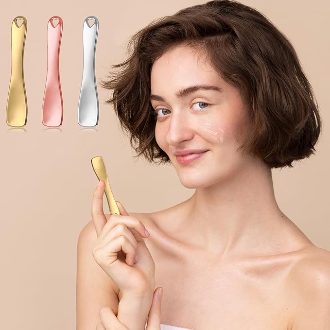 JIYIN 3 PCS Mini Metal Makeup Spatula, Reusable Skin Care Cosmetic Spatula Facial Applicator Tool Beauty Spatula Cosmetic Spatula for Face Mask Cream Lotions Moisturizers(Silver Gold Rose Gold)