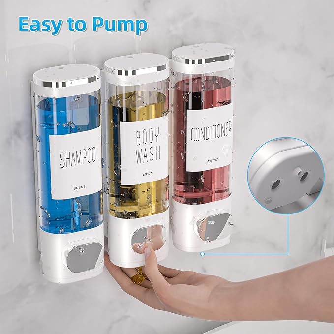 VITVITI Shampoo and Conditioner Dispenser for Shower Wall, Shower Soap Dispenser 3 Chamber No Drill Wall Mounted, 10.2 OZ Plastic Refillable Shower/Body Wash Bottles for Bathroom (White)