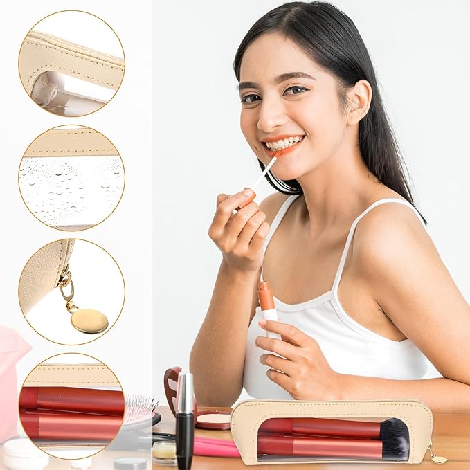 Kifmurase 2Pcs Clear Makeup Brush Bag, Leather Slim Makeup Case, Portable Transparent Waterproof Cosmetic Pouch with Zipper, Double Sided Clear Bag for Women Travel Storage (White, Brown)