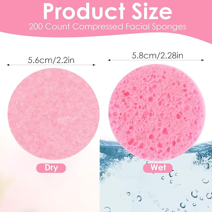200 Count Compressed Facial Sponges for Cleansing - 100% Natural Cellulose Disposable Face Sponges for Exfoliating, Makeup & Mask Removal, Pink