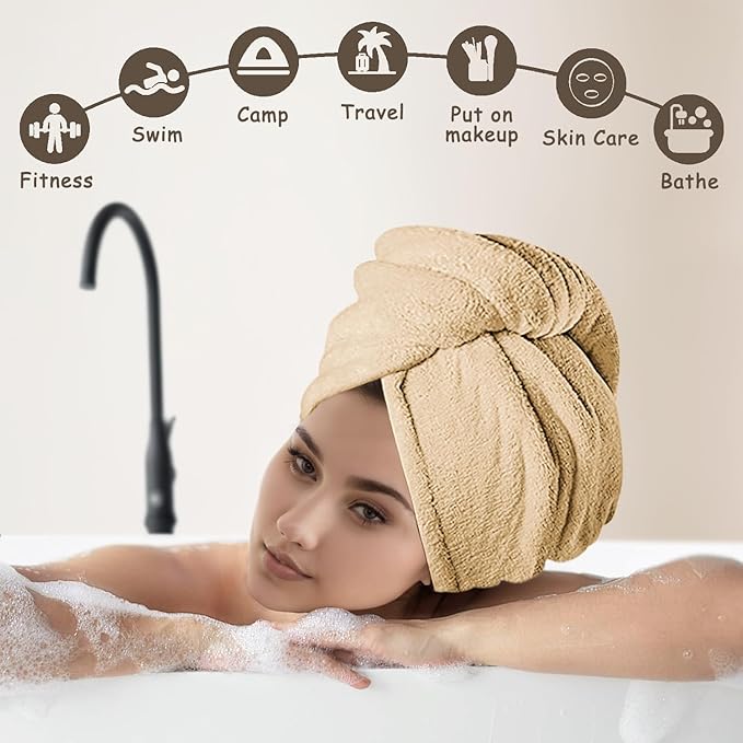 3 Pack Microfiber Hair Towel Wrap for Women, Fast Drying Hair Turban with Button, Anti-Frizz Large Hair Towel for All Hair Styles, Soft & Absorbent Hair Drying Towel (Pink, Khaki, Green)