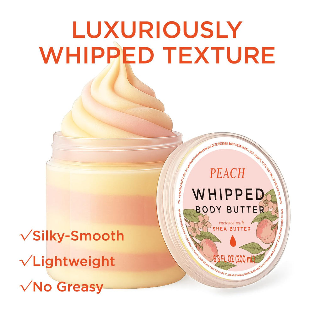 Princess Belle Peach Whipped Shea Body Butter, Body Moisturizer for Dry Skin, Smell Goods for Women, Leaves Skin Feeling Moisturized and Soft-200ml(6.8 floz)