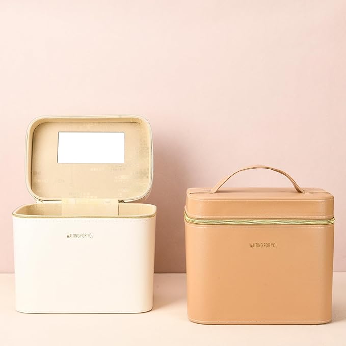 Sluxa Fashion makeup box, Portable leather hard cosmetic case with mirror, Professional train case make up box for women adults. (Monolayer - Yellow)