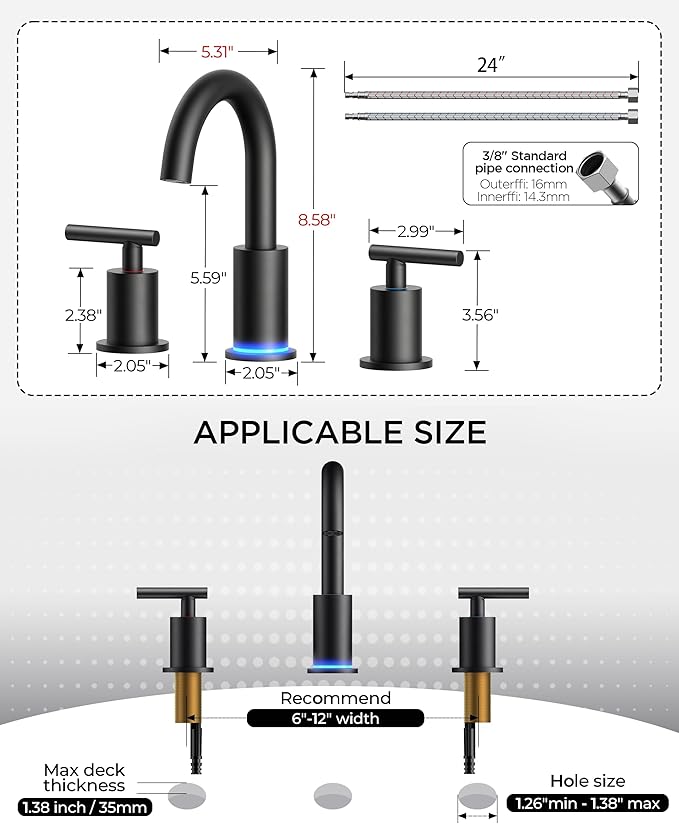 FORIOUS LED Bathroom Faucet Black 3 Hole with Temperature Changing 3 Color Lights, 8" Widespread Matte Black LED Bathroom Sink Faucet 3 Hole with Pop Up Drain, Supply Lines, 360° Swivel Spout