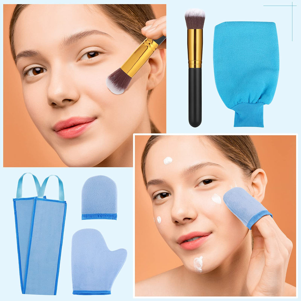 Boao 5 Pieces Self Tanning Mitt Applicator Kit, Includes Tanning Mitt, Exfoliating Glove, Mini Face Glove, Back Lotion Applicator, and Large Brush Makeup(Blue)