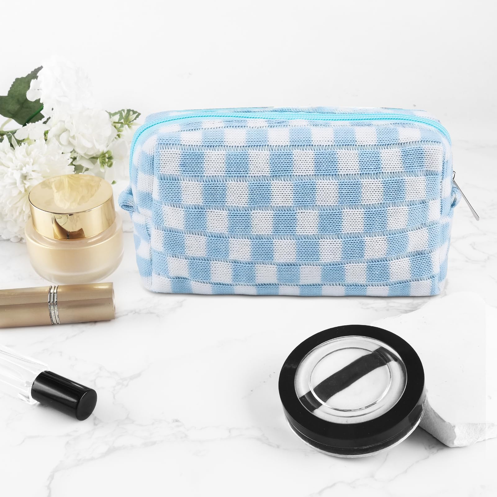 ZLFSRQ 6Pcs Checkered Pencil Case Cute Pencil Pouch for Teens Checkered Makeup Bag Blue Medium Travel Cosmetic Bag Makeup Pouch for Purse Aesthetic Trendy Zipper Toiletry Bags Organizer