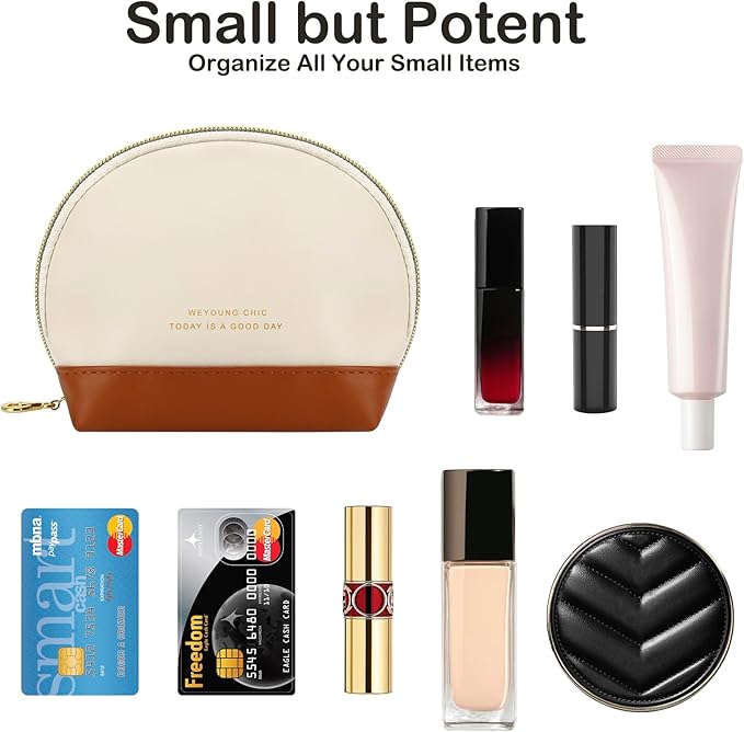 JINSI Small Makeup Bag Travel Cosmetic Bag Toiletry Zipper Pouch Make Up Organizer Bag with Handle Purse for Women Soft PU Leather Skincare Case (S01-Beige)