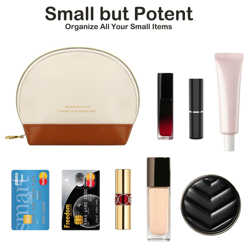 JINSI Small Makeup Bag Travel Cosmetic Bag Toiletry Zipper Pouch Make Up Organizer Bag with Handle Purse for Women Soft PU Leather Skincare Case (S01-Beige)