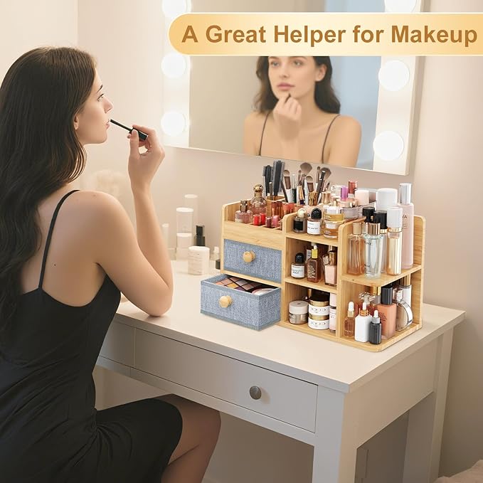 Large Makeup Organizer Countertop For Vanity Dresser, Bamboo Bathroom Counter Organizers And Storage,Cosmetic Skincare Perfume Organizer With 3 Makeup Brush Holder/2 Drawers/5 Shelves /8 Compartments