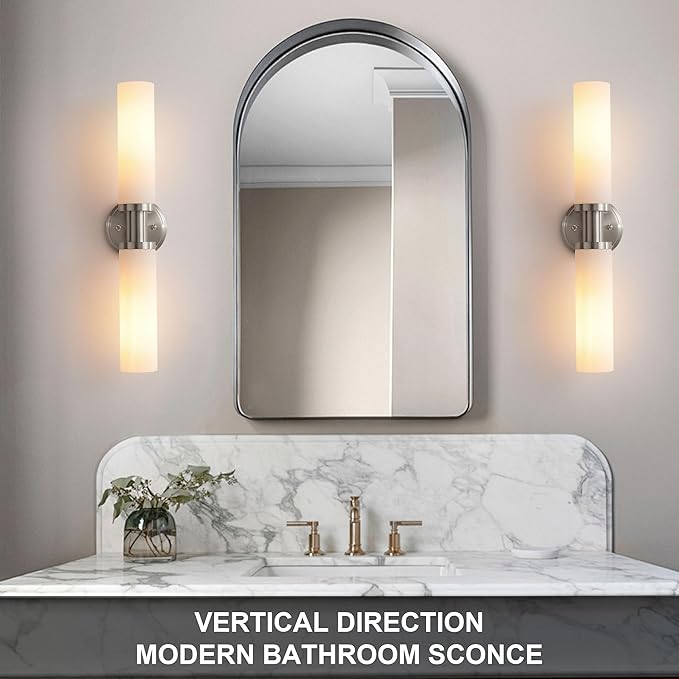 Wall Sconces Set of Two,Brushed Nickel Bathroom Sconces Wall Lighting with White Glass, Modern Sconces Wall Decor Set of 2 Wall Light fixtures for Bathroom Mirror Living Room Hallway Bedroom Wall Lamp
