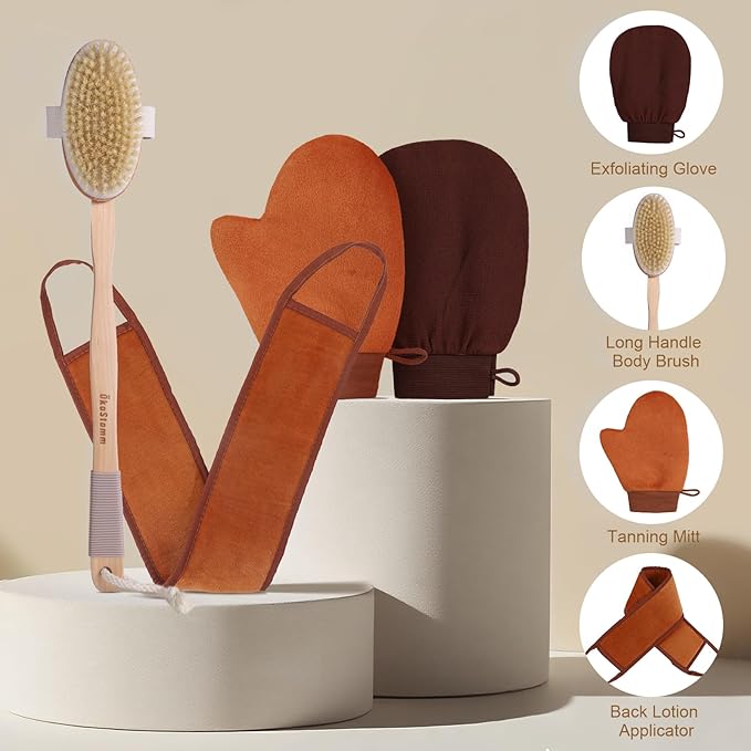 ÖkoStamm 4-in-1 Self Tanner Applicator Kit - Self Tanning Mitt with Long Handle Body Brush for Back Exfoliating and Streak-free Self Tan