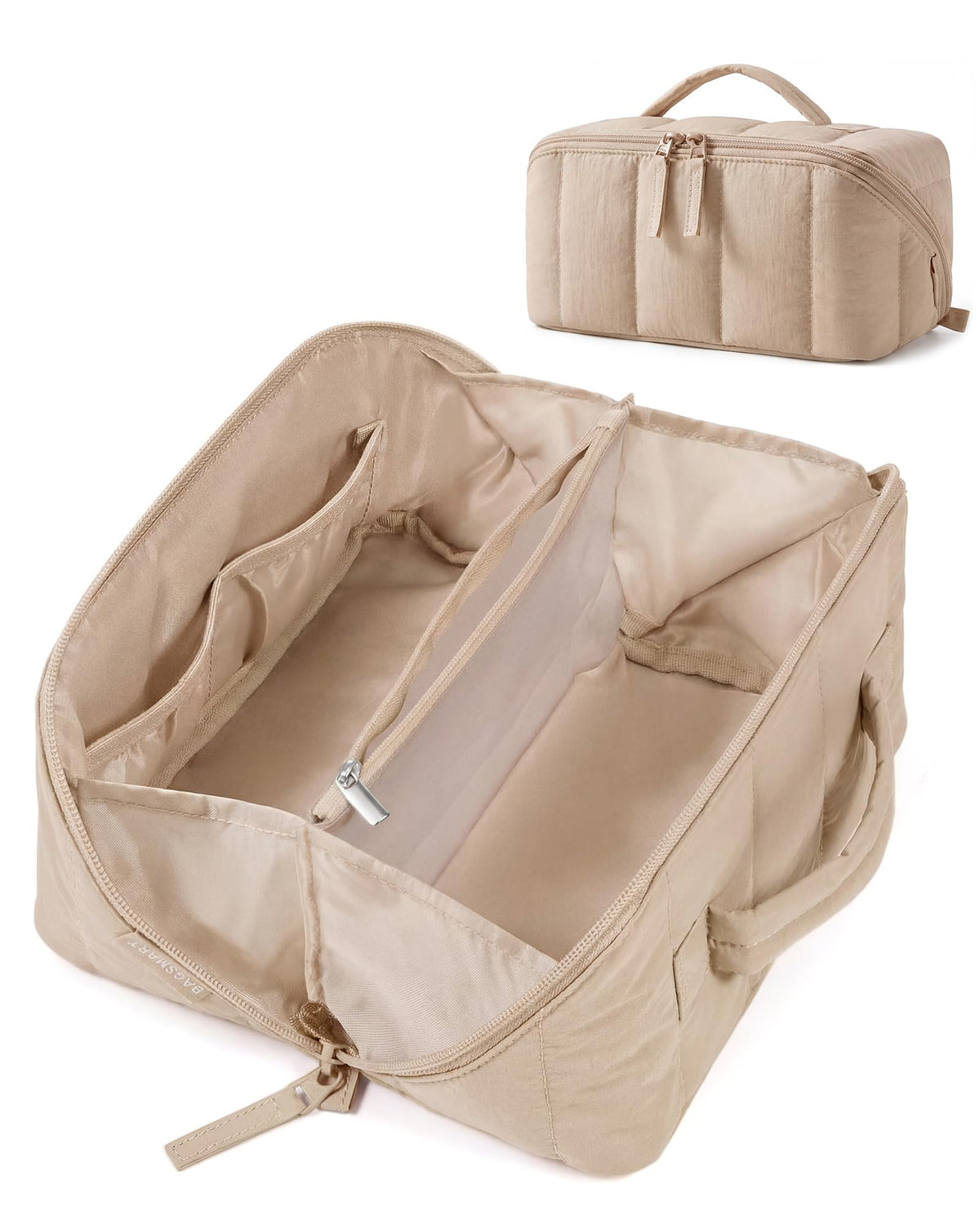 BAGSMART Travel Makeup Bag for Women, Portable Water-resistant Cosmetic Case, Puffy Padded Make Up Organizer Pouch, Open Flat Toiletry Bag for Toiletries, Brushes, Khaki