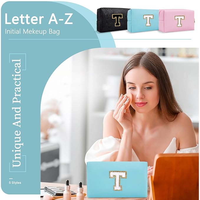 Small Personalized Initial A-Z Preppy Patch Makeup Bag,PU Chenille Letter Travel Cosmetic Pouch with Zipper,Blue Cute Toiletry Bag,Gift Ideal for Teen Girls Women Teacher Bridesmaid,Letter T