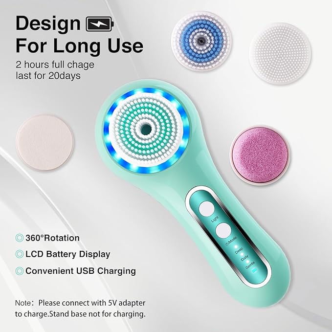 Electric Facial Cleansing Brush, 2-Way Rotating Face Scrubber for Daily & Deep Cleaning, 3 Modes, 5 Brush Heads, Rechargeable, IPX7 Waterproof for All Skin Types