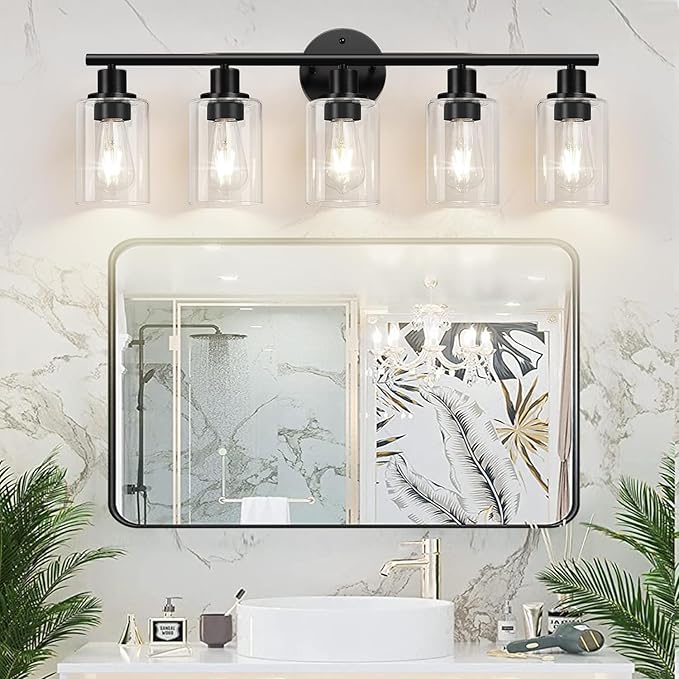 Zarbitta 5-Light Bathroom Light Fixtures, Black Modern Vanity Lights with Clear Glass Shade, Bathroom Wall Lamp for Mirror Kitchen Living Room Hallway Cabinet Porch