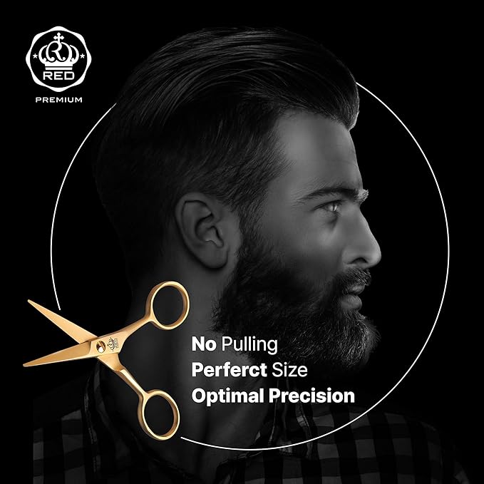 RED by Kiss Premium Stainless Steel Men Beard Shear, Grooming Facial Hair Trimmer Scissors with Sharp Edge for Mustache Beard & Sideburns Precision, No Pulling, Control & Comfort with Perfect Size