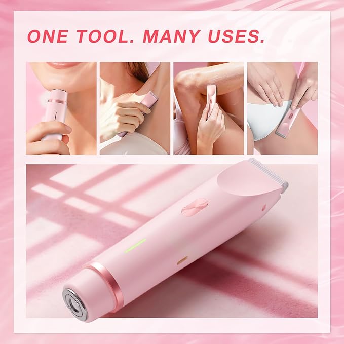 Bikini Trimmer for Women, Dual-Head Electric Body Hair Trimmer for Sensitive Areas, IP67 Waterproof Rinsable, USB-C Rechargeable Groomer for Bikini Line, Underarms, Legs & Face, Soft Pink